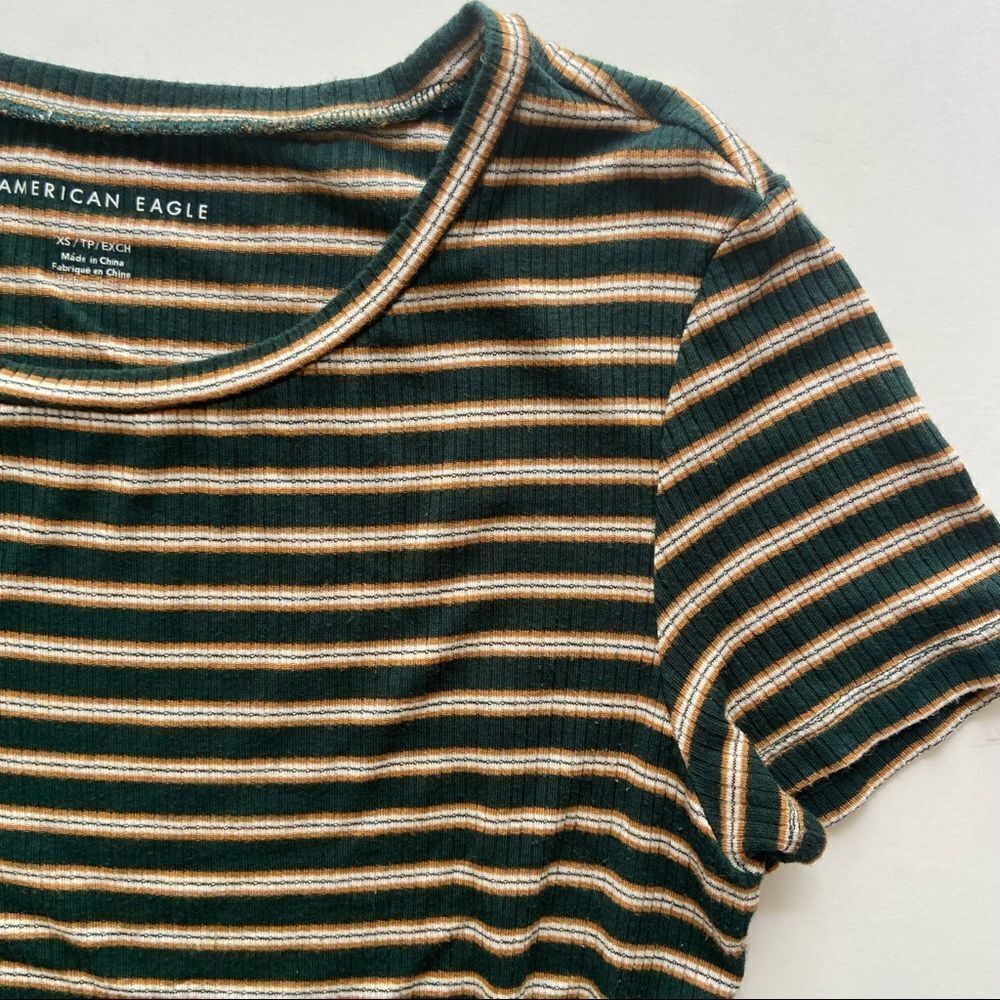 American Eagle Striped Tie-Front Green Short Sleeve Tee Size XS - Picture 2 of 5